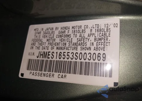 2003 Honda Civic Lx из США, поврежденный, VIN JHMES16553S003069